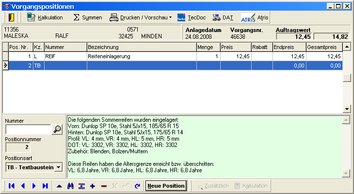 Reifen in Vorgangsposition